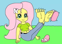 Size: 769x543 | Tagged: suggestive, artist:logan jones, derpibooru import, fluttershy, equestria girls, barefoot, breasts, clothes, cute, dangling, feet, female, fetish, flip-flops, foot fetish, grass, hairpin, jeans, pants, relaxing, removing shoes, sandals, soles, solo, solo female, spread toes, toes, wiggling toes