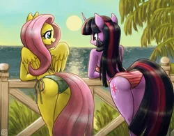 Size: 1600x1251 | Tagged: suggestive, artist:king-kakapo, derpibooru import, fluttershy, twilight sparkle, anthro, pegasus, unicorn, ass, bicolor swimsuit, bikini, breasts, clothes, duo, duo female, female, flower pattern swimsuit, flutterbutt, green swimsuit, mare, pink swimsuit, side-tie bikini, smiling, string bikini, striped swimsuit, swimsuit, twibutt, unicorn twilight