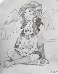 Size: 1280x1630 | Tagged: safe, artist:missmayaleanne, derpibooru import, sci-twi, sunset shimmer, twilight sparkle, equestria girls, angel, angelic wings, clothes, crystal prep academy uniform, cute, eyes closed, female, freckles, happy, lesbian, monochrome, pencil drawing, school uniform, scitwishimmer, shimmerbetes, shipping, smiling, sunsetsparkle, traditional art, twiabetes, wings