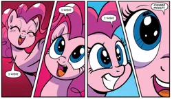 Size: 972x559 | Tagged: safe, artist:pencils, derpibooru import, edit, editor:wanderingpony, idw, pinkie pie, earth pony, pony, spoiler:comic, spoiler:comic69, comic, cute, diapinkes, female, grin, mare, nigga, official comic, smiling, solo, text edit, vulgar, wish