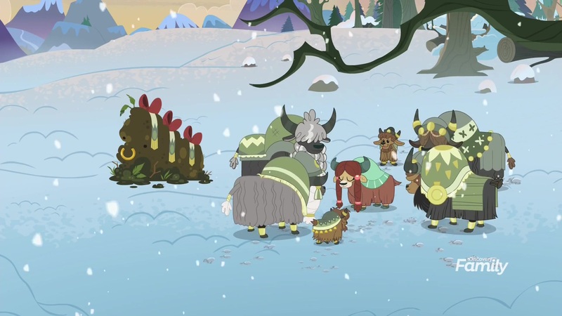 Size: 1920x1080 | Tagged: braid, calf, cloven hooves, derpibooru import, discovery family logo, family, female, horn ring, male, moss pile, safe, screencap, snilldarfest, snow, the hearth's warming club, tree, winter, yak, yak calf, yona, yona's dad, yona's family, yona's grandma, yona's grandpa, yona's mom