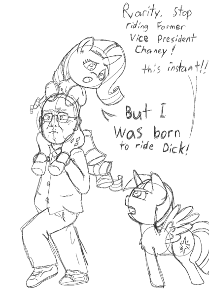 Size: 1000x1414 | Tagged: source needed, suggestive, artist:happy harvey, derpibooru import, rarity, twilight sparkle, twilight sparkle (alicorn), alicorn, human, pony, black and white, carrying, chest fluff, clothes, dialogue, dick cheney, glasses, grayscale, holding a pony, monochrome, necktie, piggyback ride, ponies riding humans, pun, rarislut, riding, running, simple background, sketch, suit, white background, wings