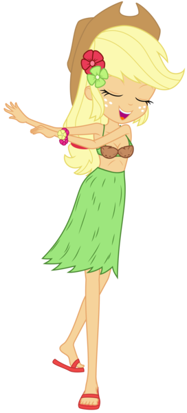 Size: 3000x6612 | Tagged: suggestive, artist:discorded, derpibooru import, edit, edited edit, editor:slayerbvc, vector edit, applejack, equestria girls, rainbow rocks, shake your tail, breasts, cleavage, clothes, coconut bikini, cowboy hat, dancing, feet, female, flower, flower in hair, freckles, grass skirt, hat, hula dance, hulajack, sandals, simple background, skirt, solo, stetson, transparent background, vector