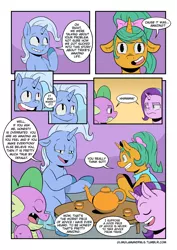 Size: 1280x1810 | Tagged: safe, artist:raph13th, derpibooru import, snails, spike, starlight glimmer, trixie, dragon, pony, unicorn, ask glitter shell, comic:glim glam and pals, bad advice, comic, cup, food, glitter shell, table, tea, tea kettle, teacup