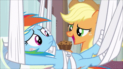 Size: 1280x720 | Tagged: safe, derpibooru import, screencap, applejack, rainbow dash, twilight sparkle, alicorn, earth pony, pegasus, pony, rainbow falls, animated, apple brown betty (food), applejack's hat, bandage, bandaid, cowboy hat, crumbs, feeding, food, freckles, hat, hoof in mouth, hoofjack, hospital, moaning, open mouth, out of context, sound, talking with your mouth full, webm