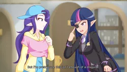 Size: 1280x720 | Tagged: artist:jonfawkes, backwards ballcap, baseball cap, cap, clothes, derpibooru import, dialogue, duo, elf ears, eyepatch, eyepatch (disguise), female, friendship university, hat, human, humanized, paper-thin disguise, plainity, rarity, safe, scene interpretation, twilight sparkle, unicorns as elves