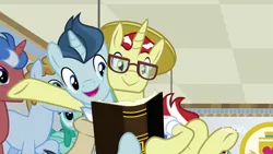 Size: 1920x1080 | Tagged: safe, derpibooru import, screencap, final countdown, flim, polo play, spring melody, sprinkle medley, sprout greenhoof, pony, friendship university, book, glasses, las pegasus resident