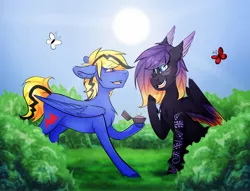 Size: 1800x1373 | Tagged: safe, artist:bluefly10, derpibooru import, oc, oc:blooming lotus, oc:thunder lightning, unofficial characters only, butterfly, pegasus, pony, backlighting, bush, chest fluff, coat markings, colored wings, ear fluff, feathered ears, floppy ears, folded wings, gradient wings, grass, hoof hold, marriage proposal, open mouth, ring, signature, sitting, sky, smiling, spread wings, standing, sun, thunming, wedding ring, wings