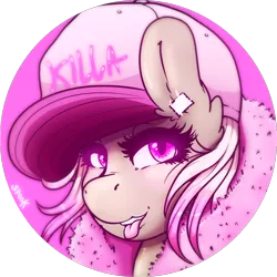 Size: 1032x1032 | Tagged: safe, artist:aaa-its-spook, derpibooru import, oc, oc:cam, earth pony, pony, accessories, ear piercing, earring, female, fur coat, gift art, hat, jewelry, looking at you, piercing, pink, pink eyes, solo, tongue out