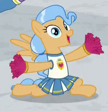 Size: 356x365 | Tagged: safe, derpibooru import, screencap, dusty swift, pony, friendship university, background pony, cheerleader, cropped, las pegasus resident, pom pom, solo, split