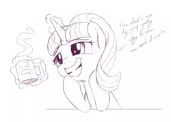 Size: 2090x1500 | Tagged: safe, artist:brisineo, derpibooru import, starlight glimmer, pony, unicorn, marks for effort, coffee, coffee mug, cursive writing, cute, empathy cocoa, equal cutie mark, glimmerbetes, leaning, magic, monochrome, mug, s5 starlight, simple background, sketch, smiling, solo, steam, white background