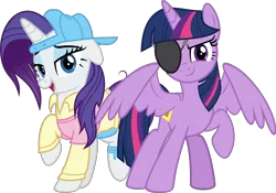 Size: 5516x3858 | Tagged: safe, artist:jhayarr23, derpibooru import, rarity, twilight sparkle, twilight sparkle (alicorn), alicorn, pony, unicorn, friendship university, backwards ballcap, baseball cap, cap, clothes, eyepatch, eyepatch (disguise), female, hat, mare, plainity, shirt, simple background, transparent background, vector