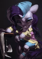 Size: 850x1200 | Tagged: safe, artist:assasinmonkey, derpibooru import, rarity, pony, unicorn, friendship university, backwards ballcap, baseball cap, cap, clothes, female, hat, mare, plainity, sad, shirt, smiling, solo