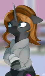 Size: 2076x3473 | Tagged: safe, artist:overlord pony, derpibooru import, oc, oc:aurora rose, unofficial characters only, pony, unicorn, clothes, female, hmph, hoodie, looking away, mare, simple background, solo