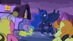 Size: 1280x720 | Tagged: safe, derpibooru import, edit, edited screencap, editor:slayerbvc, screencap, carrot top, cherry berry, golden harvest, lemon hearts, princess luna, alicorn, earth pony, pony, luna eclipsed, clothes, costume, crown, ethereal mane, fake ears, female, hoof shoes, jewelry, mare, mouse costume, night, nightmare night, nightmare night costume, peytral, ponyville, regalia, scared, starry mane