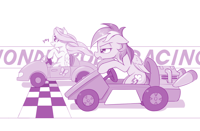 Size: 1280x836 | Tagged: animated at source, artist:dstears, cute, derpibooru import, duo, female, fluttershy, frown, go-kart, racing, rainbow dash, safe, shyabetes, smiling, unamused, yay