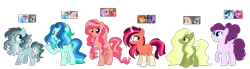 Size: 3700x1019 | Tagged: safe, artist:vovanpetuh, derpibooru import, oc, oc:aqua blue, oc:firewall sparkle, oc:lemon quartz, oc:mi dulce manzana, oc:minty fresh, oc:whirlwind, unofficial characters only, earth pony, pegasus, pony, unicorn, blaze (coat marking), female, hair over one eye, magical lesbian spawn, mare, offspring, parent:big macintosh, parent:fluttershy, parent:marble pie, parent:pinkie pie, parent:princess cadance, parent:rainbow dash, parent:soarin', parent:starlight glimmer, parent:sunburst, parents:cadmac, parents:flutterdash, parents:marbledash, parents:marbleshy, parents:soarinpie, parents:starburst, simple background, socks (coat marking), transparent background