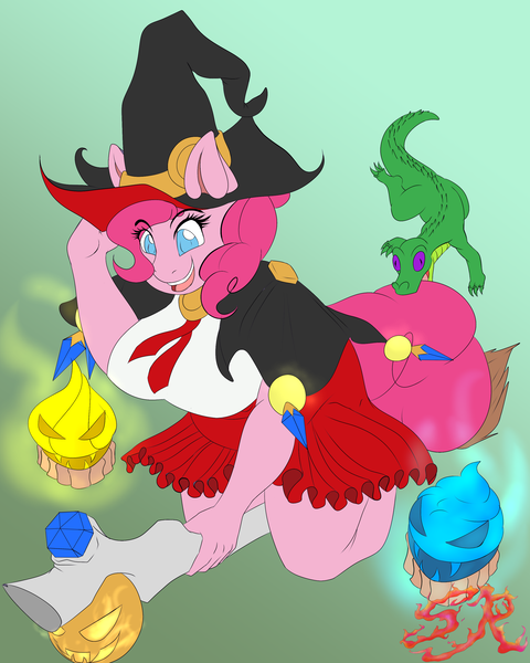 Size: 2400x3000 | Tagged: suggestive, artist:swiftriff, derpibooru import, gummy, pinkie pie, anthro, earth pony, big breasts, breasts, broom, busty pinkie pie, chubby, clothes, cupcake, female, flying, flying broomstick, food, hat, mare, plump, smiling, witch, witch hat