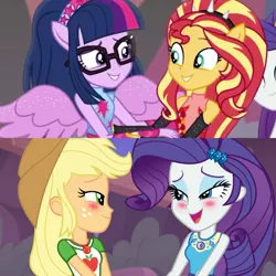 Size: 1080x1080 | Tagged: safe, derpibooru import, screencap, applejack, rarity, sci-twi, sunset shimmer, twilight sparkle, equestria girls, equestria girls series, forgotten friendship, rollercoaster of friendship, blushing, context is for the weak, female, geode of shielding, geode of super strength, magical geodes, out of context, ponied up, scitwilicorn, shipping fuel, super ponied up