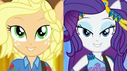 Size: 1921x1080 | Tagged: safe, derpibooru import, screencap, applejack, rarity, equestria girls, equestria girls series, rollercoaster of friendship, female, looking at you, photo booth (song), ponied up, shipping fuel, singing, sliding background, song, super ponied up