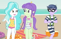 Size: 1057x676 | Tagged: safe, derpibooru import, screencap, microchips, paisley, starlight, equestria girls, equestria girls series, lost and found, background human, beach, beach towel, clothes, cooler, cropped, female, glasses, male, retro, swimsuit