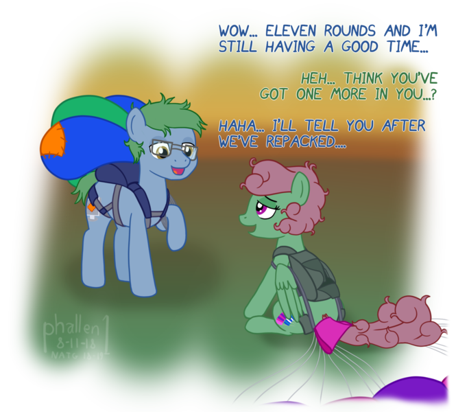 Size: 1442x1302 | Tagged: artist:phallen1, atg 2018, derpibooru import, dialogue, double entendre, exhausted, female, male, messy mane, newbie artist training grounds, oc, oc:software patch, oc:windcatcher, parachute, safe, simple background, sitting, straight, tired, transparent background, unofficial characters only, windpatch