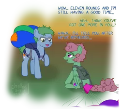 Size: 1442x1302 | Tagged: artist:phallen1, atg 2018, derpibooru import, dialogue, double entendre, exhausted, female, male, messy mane, newbie artist training grounds, oc, oc:software patch, oc:windcatcher, parachute, safe, simple background, sitting, straight, tired, transparent background, unofficial characters only, windpatch