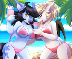 Size: 5222x4333 | Tagged: suggestive, artist:airiniblock, derpibooru import, oc, oc:aida, oc:mitzy, unofficial characters only, anthro, bat pony, absurd resolution, anthro oc, bat pony oc, beach, belly button, big breasts, bikini, breasts, clothes, drool, drool string, duo, female, food, lesbian, mare, mobile phone, palm tree, phone, popsicle, rcf community, smartphone, smiling, suggestive eating, swimsuit, tree