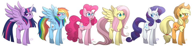 Size: 1600x398 | Tagged: safe, artist:erkythehero23, derpibooru import, applejack, fluttershy, pinkie pie, rainbow dash, rarity, twilight sparkle, twilight sparkle (alicorn), alicorn, pony, curved horn, cutie mark, female, looking at you, mane six, mare, raised hoof, simple background, smiling, spread wings, tongue out, transparent background, wings