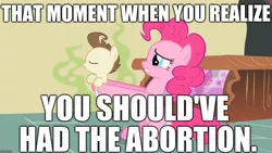 Size: 1280x720 | Tagged: safe, derpibooru import, edit, edited screencap, screencap, pinkie pie, pound cake, pony, baby cakes, abortion, abuse, diaper, downvote bait, gross, holding a pony, image macro, meme, poundabuse, regret, smelly, visible stench