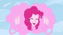 Size: 640x360 | Tagged: suggestive, artist:cesar3o0, derpibooru import, pinkie pie, equestria girls, barefoot, cloud, cotton candy, cotton candy cloud, feet, female, fetish, food, foot fetish, implied discord, laughing, sexy, sky, soles, tickle fetish, tickle torture, tickling, toes