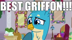 Size: 1280x720 | Tagged: safe, derpibooru import, editor:useraccount, gallus, gryphon, best griffon, best pony, cute, excessive exclamation marks, gallabetes, image macro, meme