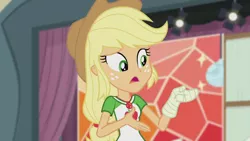 Size: 1280x720 | Tagged: safe, derpibooru import, screencap, applejack, constructive criticism, equestria girls, equestria girls series, bandage, broken hand, geode of super strength, solo