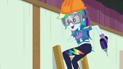 Size: 1280x720 | Tagged: safe, derpibooru import, screencap, rainbow dash, constructive criticism, equestria girls, equestria girls series, constructive criticism: rainbow dash, drill, geode of super speed, hard hat, magical geodes, safety goggles, solo