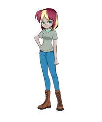 Size: 1000x1200 | Tagged: safe, artist:twilite-sparkleplz, derpibooru import, oc, oc:brown betty, unofficial characters only, equestria girls, boots, clothes, equestria girls-ified, jeans, neckerchief, pants, shoes, simple background, solo, transparent background