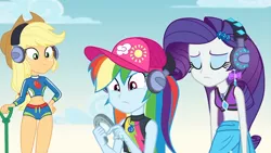 Size: 1920x1080 | Tagged: safe, derpibooru import, screencap, applejack, rainbow dash, rarity, equestria girls, equestria girls series, lost and found, applejack's hat, baseball cap, belly button, cap, clothes, cowboy hat, ear piercing, earring, geode of shielding, geode of super speed, geode of super strength, hat, headphones, horseshoes, irony, jewelry, lidded eyes, magical geodes, metal detector, midriff, piercing, sarong, stetson, sun hat, swimsuit, thighs, trio