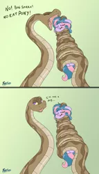 Size: 4000x7000 | Tagged: safe, artist:fluffyxai, derpibooru import, oc, oc:berry twist, earth pony, pony, snake, blushing, coiling, coils, comic, dialogue, drool, female, imminent vore, implied hypnosis, implied vore, mare, offscreen character, open mouth, silly, simple background, smiling, speech, text, vore denied, wrapped up