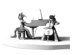 Size: 1000x750 | Tagged: anthro, artist:hattonslayden, cello, derpibooru import, duo, female, grayscale, looking down, looking up, monochrome, musical instrument, octavia melody, piano, safe, simple background, unguligrade anthro, vinyl scratch, white background