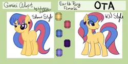 Size: 2000x1000 | Tagged: safe, artist:koharuveddette, derpibooru import, oc, adoptable, blue, female, food, mare, orange, ota, pink, reference sheet