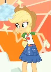 Size: 441x630 | Tagged: safe, derpibooru import, screencap, applejack, constructive criticism, equestria girls, equestria girls series, arm cast, bandage, broken hand, clothes, constructive criticism: rainbow dash, cowboy hat, cropped, denim skirt, female, freckles, geode of super strength, hat, skirt, stetson