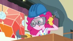 Size: 1280x720 | Tagged: safe, derpibooru import, screencap, pinkie pie, constructive criticism, equestria girls, equestria girls series, constructive criticism: pinkie pie, geode of sugar bombs, hammer, hard hat, safety goggles, solo