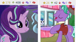 Size: 1227x676 | Tagged: safe, derpibooru import, screencap, ever essence, firelight, starlight glimmer, pony, unicorn, derpibooru, the parent map, animated, cropped, cute, father and daughter, female, gif, glimmerbetes, juxtaposition, juxtaposition win, like father like daughter, male, mare, meme, meta, one eye closed, runs in the family, stallion, wink