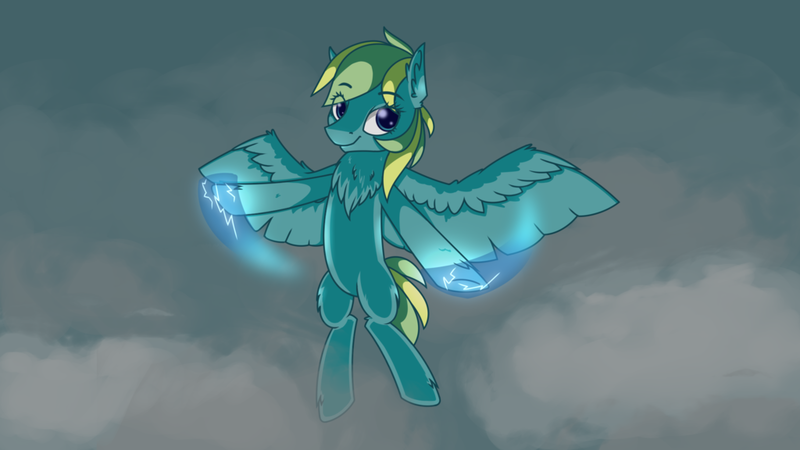 Size: 1024x576 | Tagged: safe, artist:pollynia, derpibooru import, oc, unofficial characters only, pegasus, pony, chest fluff, dark cloud, female, floating, lightning, smiling, solo, thunderbolt