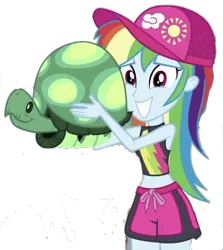 Size: 527x590 | Tagged: safe, artist:superbobiann, derpibooru import, editor:superbobiann, rainbow dash, tank, turtle, equestria girls, equestria girls series, cap, clothes, female, grin, hat, holding, image, male, nervous, nervous grin, png, simple background, smiling, swimming trunks, swimsuit, transparent background