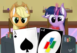 Size: 4000x2750 | Tagged: safe, artist:arcane-thunder, derpibooru import, applejack, twilight sparkle, twilight sparkle (alicorn), alicorn, earth pony, pony, ace of spades, card, chair, ear fluff, female, floppy ears, magic, mare, poker chips, smiling, table, uno, wavy mouth, wild draw four