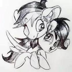 Size: 1210x1205 | Tagged: artist:smirk, derpibooru import, duo, hug, monochrome, rainbow dash, safe, scootaloo, scootalove, traditional art