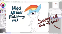 Size: 1916x1040 | Tagged: safe, artist:moonatik, derpibooru import, rainbow dash, atg 2018, dialogue, drawn into existence, fourth wall, fourth wall destruction, meme in description, meta, newbie artist training grounds, paint tool sai, painttoolsai, sketch, solo, wip