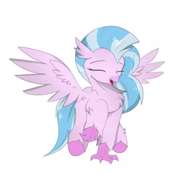 Size: 1000x1000 | Tagged: artist:llhopell, chest fluff, classical hippogriff, cute, derpibooru import, diastreamies, eyes closed, female, hippogriff, safe, silverstream, simple background, solo, spread wings, white background, wings