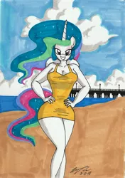 Size: 2089x2972 | Tagged: anthro, artist:newyorkx3, beach, breasts, busty princess celestia, clothes, curvy, derpibooru import, female, hourglass figure, looking at you, princess celestia, safe, scenery, solo, swimsuit, traditional art