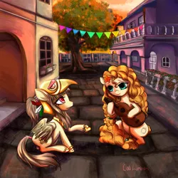 Size: 2344x2344 | Tagged: safe, artist:cali luminos, derpibooru import, pear butter, oc, oc:tailcoatl, earth pony, pony, city, commission, duo, flower, flower in hair, guitar, hat, mexico, signature, sitting, street